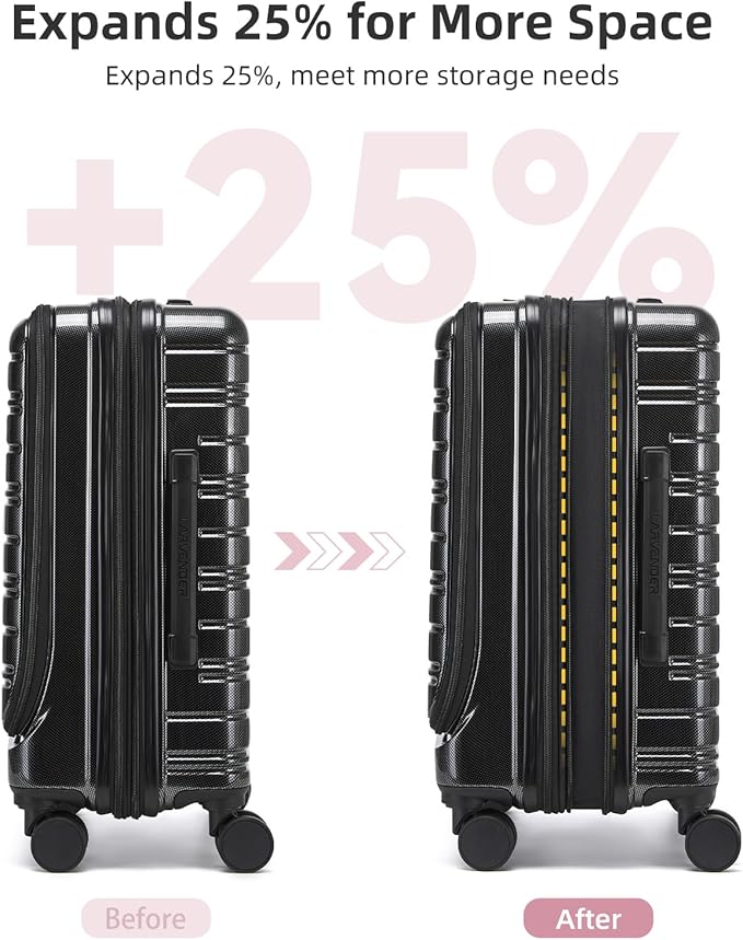 LARVENDER Carry On Luggage 22x14x9 Airline Approved, 20 Inch Expandable PC+ABS Hardside Carry On Luggage with Front Pocket Spinner Wheels TSA Lock for Women Men (Black)