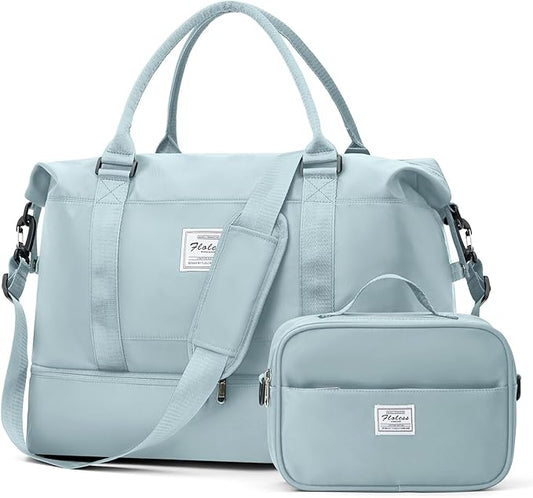 Large Weekender Bags for Women, Travel Duffel Bags with Shoe Compartment,Personal Item Travel Carry on Overnight bag for women Travel Set,Light Blue