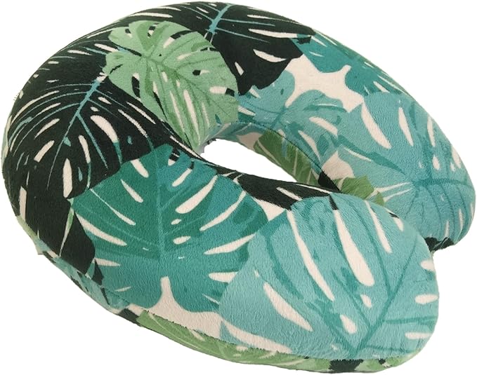 Adult Cozy Soft Microfiber Neck Pillow for Travel – Compact, Machine Washable - Perfect for Airplane, Car, or Home Use - Filled and Finished in the USA – Monstera Leaf