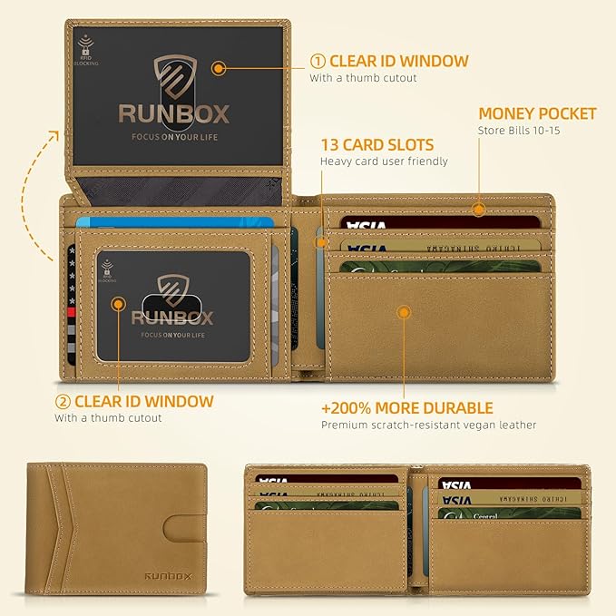 RUNBOX Wallet for Men Slim Rfid Leather 2 ID Window With Gift Box | Slim, Rfid, 2 ID Window, With Gift Box, Slim, Rfid