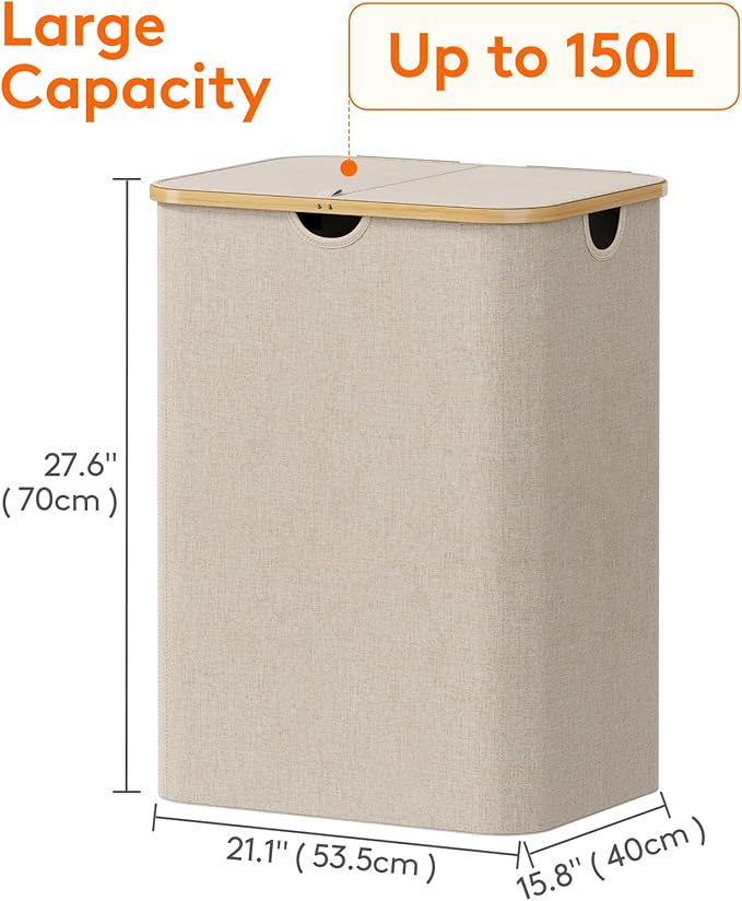 Lifewit 150L Laundry Basket with Lid, Clothes Hampers for Laundry with Bamboo Handles and 2 Removable Bag, Large Foldable Laundry Hamper for Bedroom, Bathroom, Dorm, Laundry Room, Beige