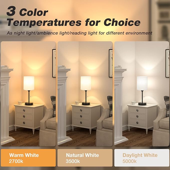 Small Bedside Table Lamp for Bedroom - Desk Lamp with USB Ports for Dorm | USB A+C Ports, AC Outlet, 3 Color Temperatures, LED Bulb Included, Beige Fabric Shade, Matte Black Base