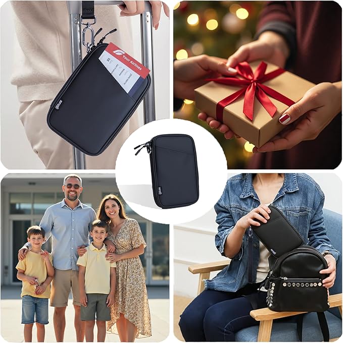 family passport holder for 4 black passport wallet for travel passport cover rfid blocking for women waterproof wallet with zipper airtag passport case for men multiple passport bag