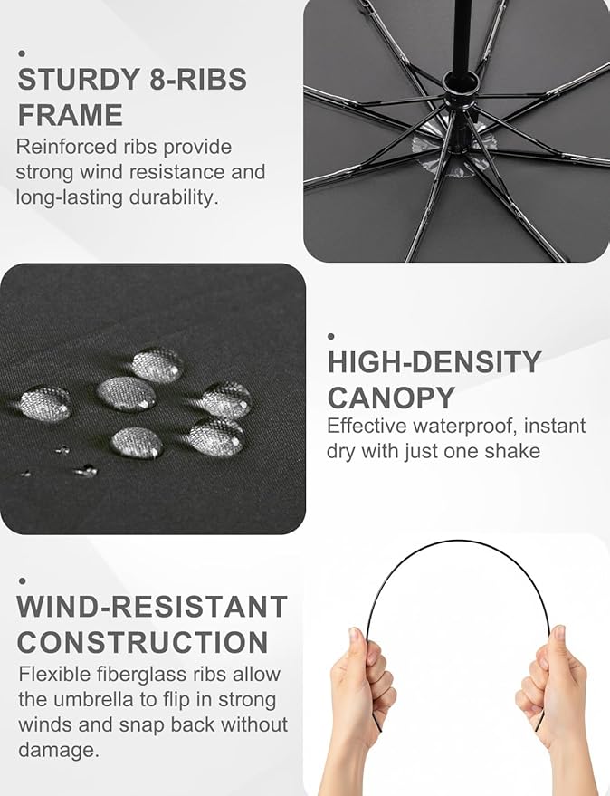 SoulRain Travel Umbrella - Compact Umbrella for Rain - Perfect Large Auto Folding Umbrella - Ideal Car umbrella, Small umbrella, and Travel Companion