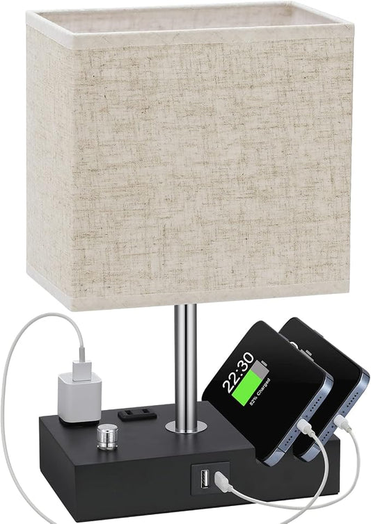 Beige Table Lamp for Bedroom - Stepless Dimmable, USB C+A, 2 AC Outlets | Dimming By Rotary Knob, USB C+A Ports, 2 Phone Stands, LED Bulbs Included, Rectangle Beige Lampshade, for Living Room, Desk