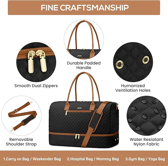 Travel Weekender Duffle Bags for Women - Large Carry On Bag with Shoe Compartment Overnight Bag with Toiletry Bag Duffel Bags with Wet Pocket for Gym Hospital Bags for Labor and Delivery Black Brown