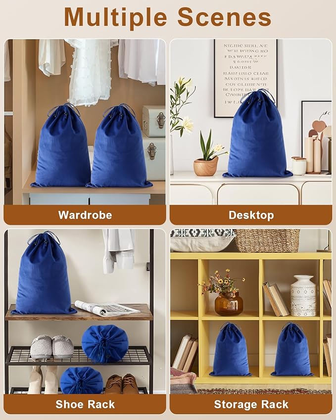 FantasyLife Shoe Bags for Travel, 17.3"x12.6" Washable Dust Bags for Storage & Packing, Flannel Shoe Pouch with Drawstring Closure for Purses, Handbags, Shoes & Toys (4, Palace Blue)