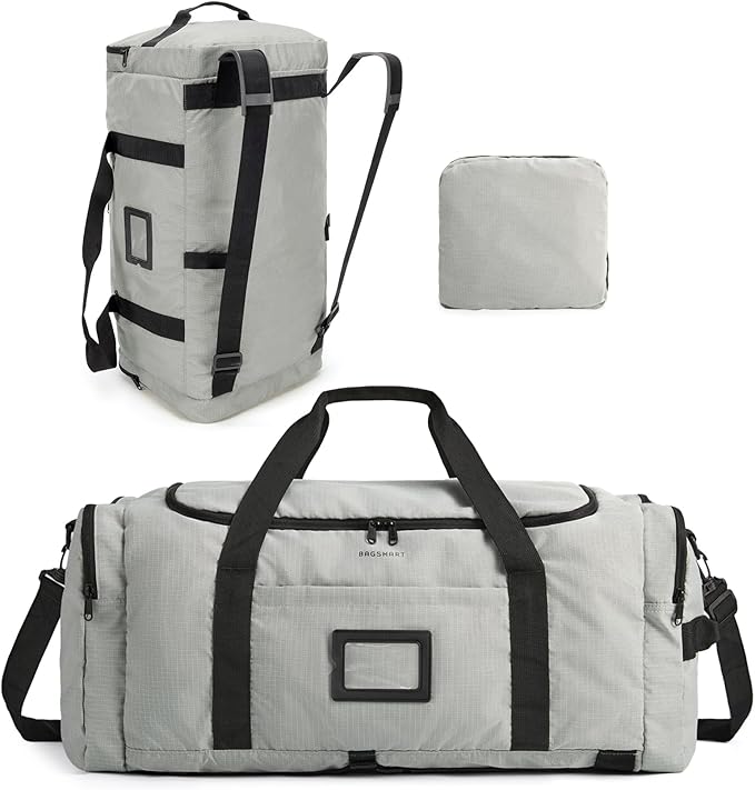 BAGSAMRT 60L Foldable Duffle Bag for Travel, Large Travel Duffel Bag for Men, 4 in 1 Travel Backpack, Carry on Weekender Bag, Gray
