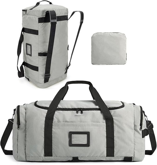 BAGSAMRT 60L Foldable Duffle Bag for Travel, Large Travel Duffel Bag for Men, 4 in 1 Travel Backpack, Carry on Weekender Bag, Gray