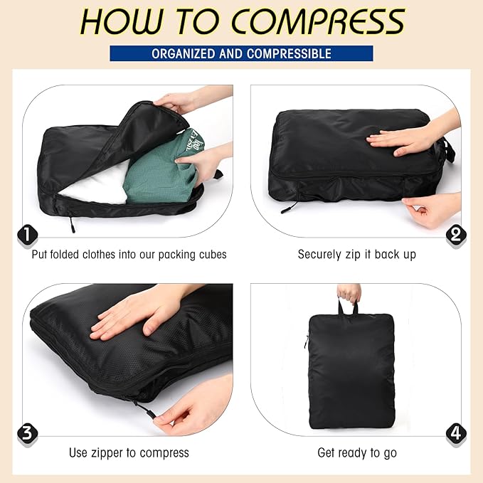 5 Pack Compression Packing Cubes for Travel Space Saving Cubes Luggage Organizer for Suitcase(Black,S)