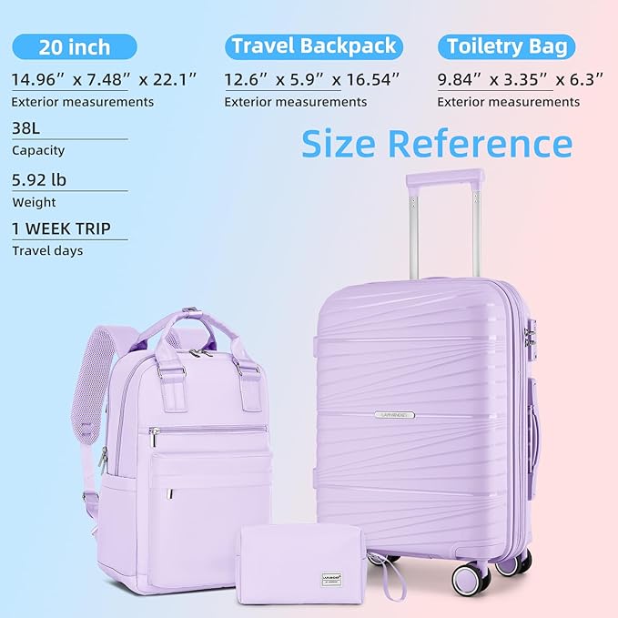 LARVENDER Luggage Sets 3 Piece, Expandable Carry On Luggage 22x14x9 Airline Approved, 20 Inch Hardshell & Lightweight PP Carry On Suitcase for Women with Spinner Wheels TSA Lock, Lavender