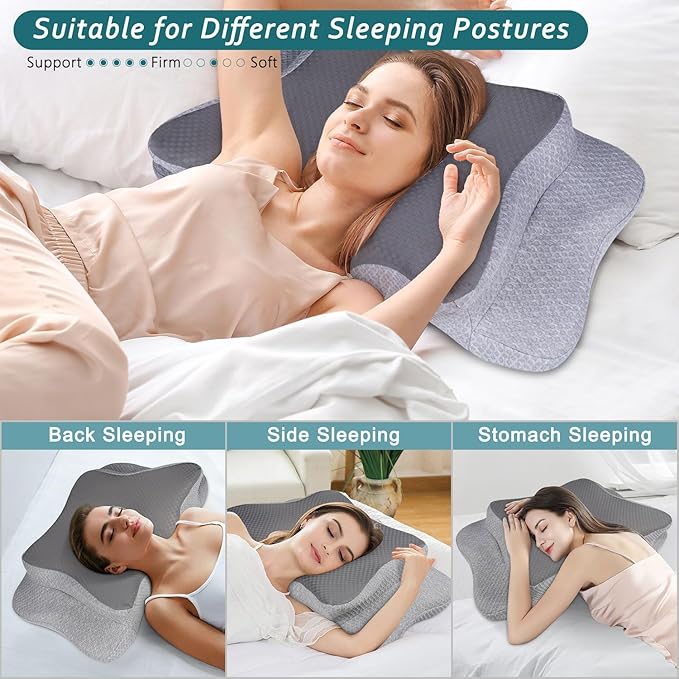 Cervical Neck Pillow for Pain Relief Sleeping, Memory Foam Pillows, Ergonomic Side Sleeper Pillows, Orthopedic Neck Support Pillow for Back Stomach Sleepers-King Size Grey&Grey