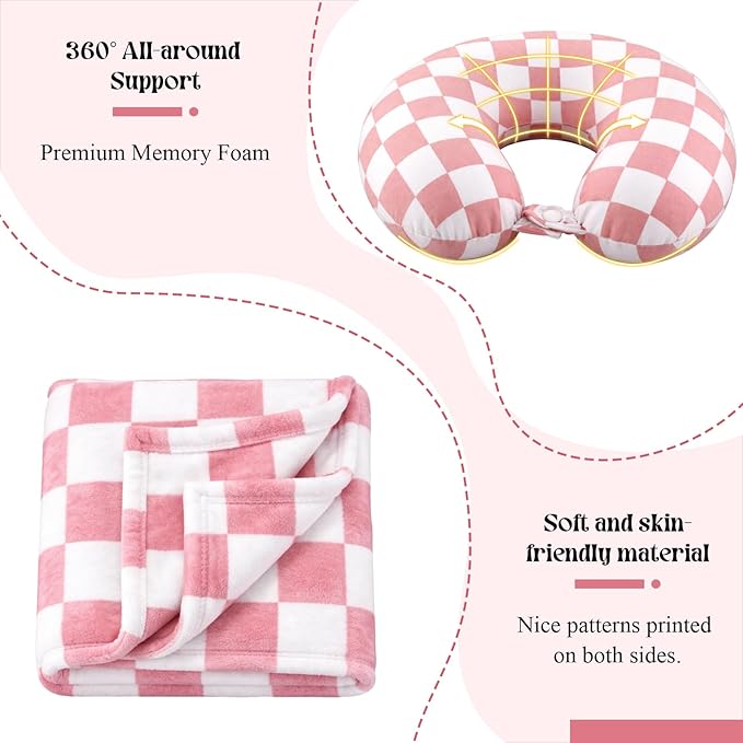 5 Pcs Travel Pillow and Blanket Set, 5 in 1 Travel Airplane Compact Includes 40 x 60 Inch Throw Blanket Eye Mask Neck Pillow Earplug and Bag Gifts for Travelers Women(Checkered,Pink)