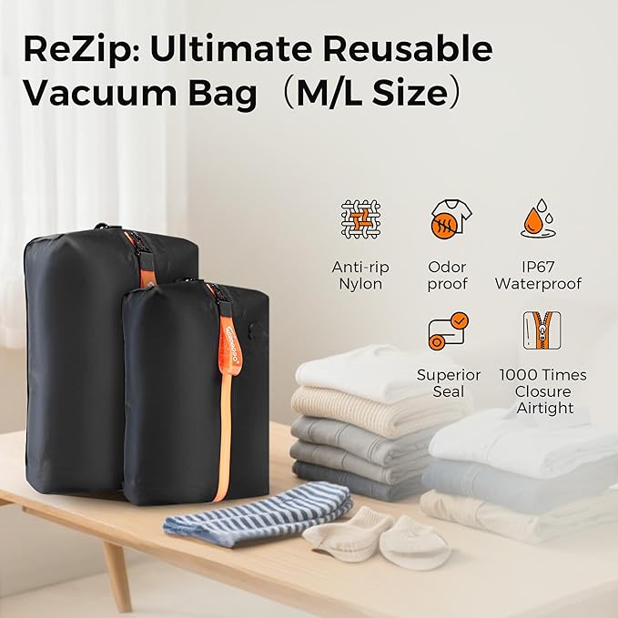 Aerogogo ReZip Vacuum Bags for Travel Luggage Reusable Compression Bags Vacuum Seal Packing cube for Cloth Packing (Medium-No pump)