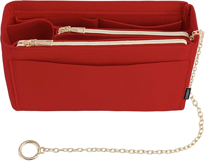 Purse Organizer Insert, Handbag Organizer with Zipper, Tote Shaper with Cup Holder & Keychain, Compatible with LV, Neverfull, MK, COACH, Longchamp, Kate Spade– Red-Sl. Lg