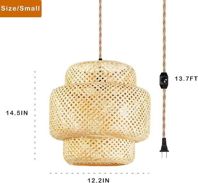 Plug in Pendant Light Rattan Hanging Lights with Plug in Cord Bamboo Hanging Lamp Dimmable,Handmade Woven Boho Wicker Basket Lamp Shade,Plug in Ceiling Light Fixture for Living Room Bedroom Kitchen