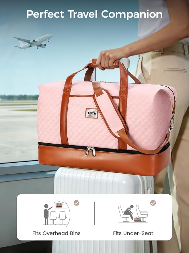 Weekender Bags for Women, Travel Duffle Bag Carry On Travel Bag Overnight Bag with Shoe Compartment Toiletry Bag, Large Weekend Tote Bag Gym Bag Hospital Bag for Labor and Delivery, 50L Quilted Pink
