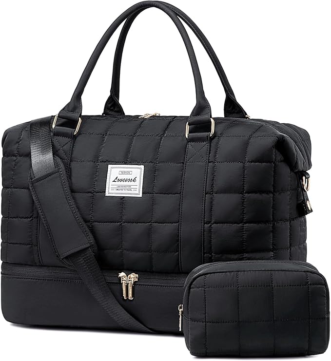 LOVEVOOK Large Duffle Bag for Travel, Puffer Weekend Bags for Women Travel Tote, Carry on Duffel Bag for Airplanes, 18 Inch Personal Item Bag Gym Bag Women, Black