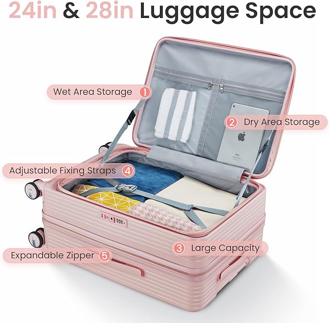 3 Piece Luggage Set 100% PC Hardshell, Front Opening Expandable Suitcase (20/24/28) with Laptop Compartment & Free Custom PVC Covers, Trunk Style Lightweight Spinner Wheels TSA Lock (Pink)
