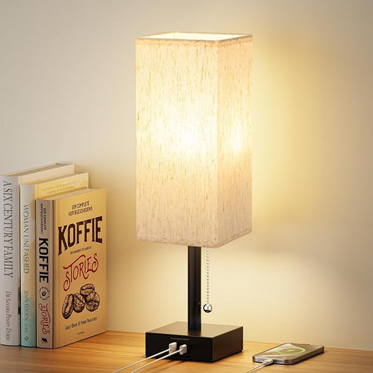 aooshine Pull Chain Small Table Lamp - 3 Color Temperature Bedside Lamp for Bedroom with USB Port, Minimalist Nightstand Lamp with Black Base, Desk Lamp for Kids Room Dorm, Bulb Included | Pull Chain Switch, LED Bulb Included, Cream Fabric Shade, 14.7"...
