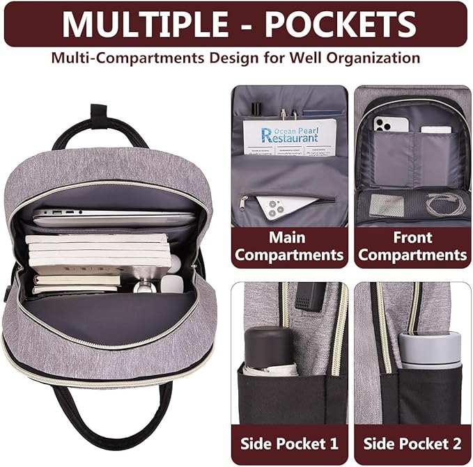 Laptop Backpack for Women Work Bag: College Backpacks 17.3 Inch with USB Charger School Book Bag Travel Computer Back Pack Casual Bookbags for Girls Teacher Black Grey