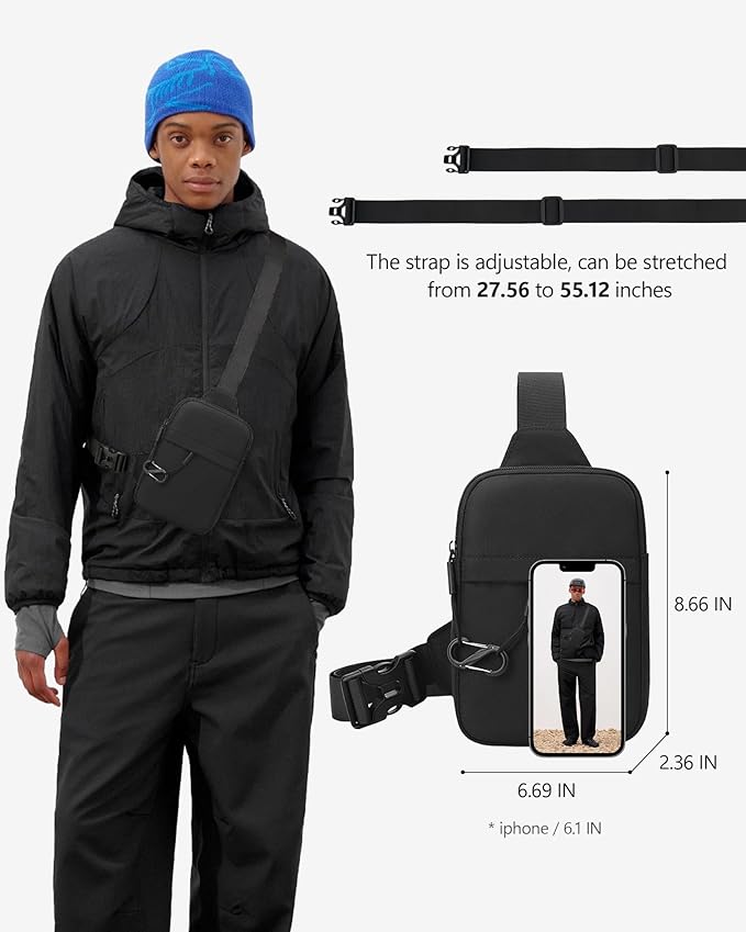 Peicees Small Anti-theft Sling Bag for Men Women Waterproof Mini Crossbody Backpack Chest Bag Travel Passport Phone Holder, Black