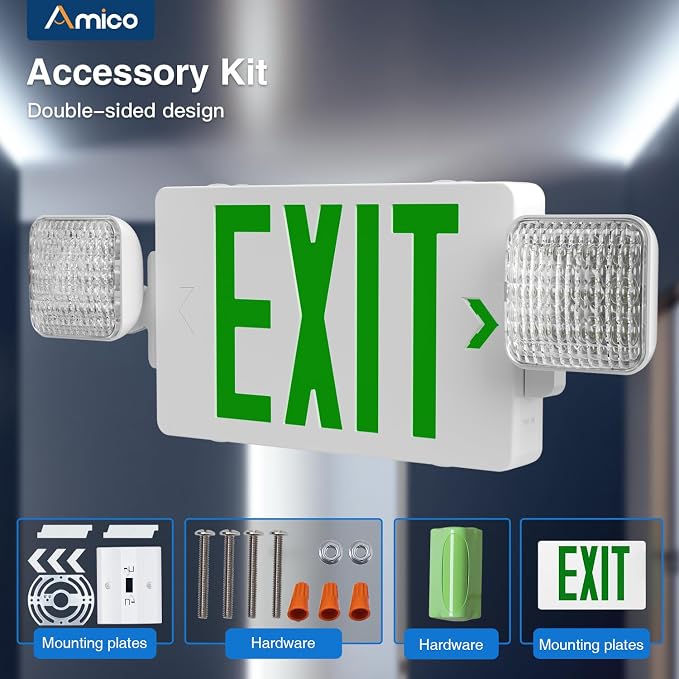Amico 4 Pack Commercial Green Double-Sided Exit Sign with Large LED Light | ETL Certified, Two Large Adjustable LED Heads, Wall/Ceiling Mount, 120/277V AC, 90 Min Backup for Commercial Use