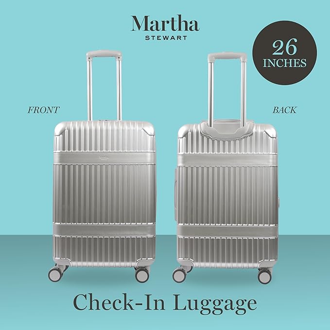 Martha Stewart The Bedford 26 Inch Rolling Luggage, Hardshell Suitcase with Spinner Wheels, Silver
