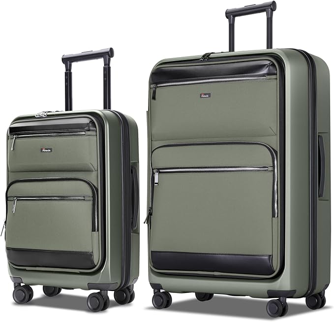 Luggage Sets 2 Piece, Carry On Luggage with Front Pocket & USB Port and 28 Inch Expandable Checked Luggage, Hybrid Soft Front & Hard Shell Suitcases with Spinner Wheels & TSA Lock, Green