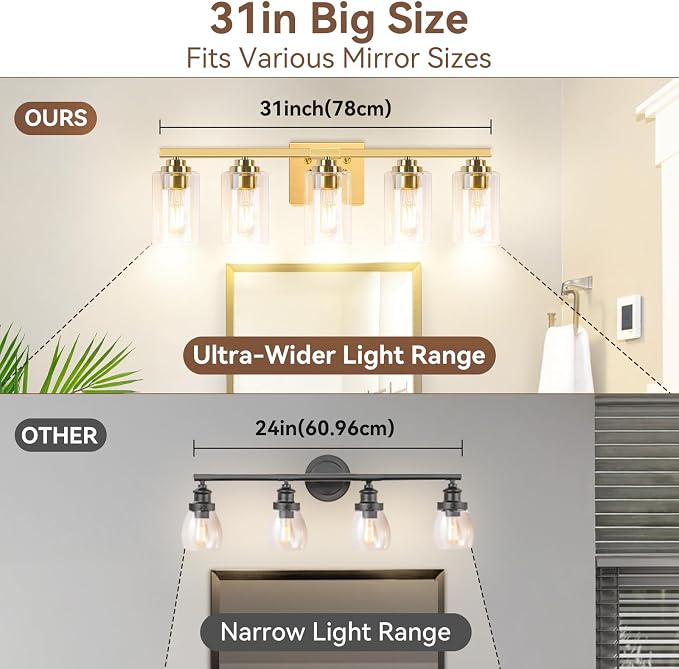 VerRon 5-Light Bathroom Light Fixtures, 31" Gold Modern Vanity Lights | Bathroom Vanity Lights Over Mirror with Clear Glass Shades, Wall Lamp for Mirror Living Room Bedroom Hallway Cabinet Porch