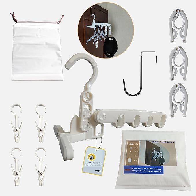Over The Door Hooks Hanger,Foldable Portable Folding Hangers,Hanging Rack,Clips,Essentials for Cruise,Vacation,Camping,RV,Road Trip,Hotel,Business Travel, Student Apartment(White Bag)