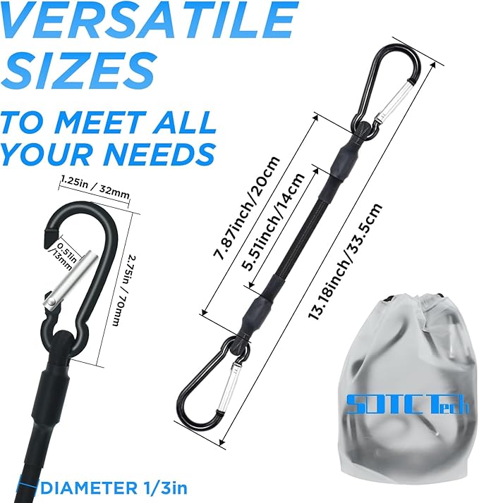 SDTC Tech Mini Short Bungee Cords with Carabiner Hooks Heavy Duty Elastic Tie Downs Straps for Tent, Bike, Kayak, Luggage (4-Pack, Include Clips Total Length 12~13 Inches)