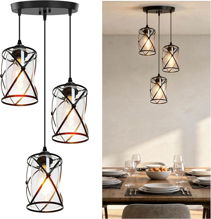 3 Light Pendant Lighting, Farmhouse Hanging Light Fixture for Kitchen Island & Dining Room, Industrial Vintage Ceiling Lamp with E26 Base, Adjustable Height, Matte Black with Glass Shades