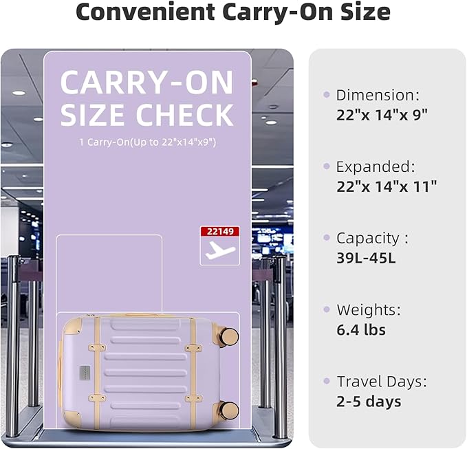 LARVENDER Carry On Luggage 22x14x9 Airline Approved with Spinner Wheels, Expandable 20 Inch Luggage with TSA Lock, Hard Shell Carry On Suitcases for Women Men, Lavender
