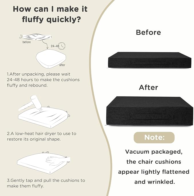 AddGrace Recliner Cushions for Elderly Thick Seat Cushion 20"x20"x4" Chair Pads with Non Slip Backing and Washable Cover for Couch Armchair Chairs Black