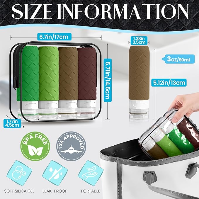 Travel Bottles for Toiletries, TSA Approved Silicone Travel Size Containers for Toiletries, BPA Free Leak Proof Refillable Essentials Accessories, Shampoo and Conditioner Bottles (Forest Green)