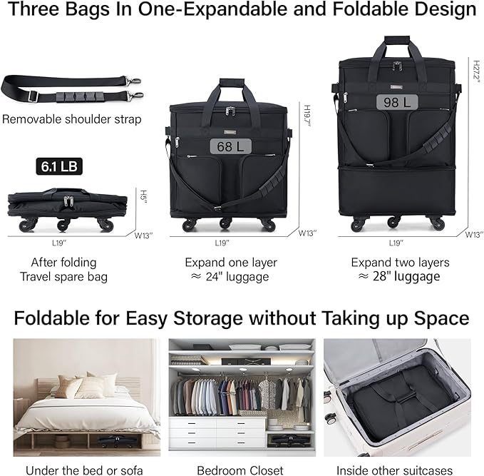 Hanke Expandable Collapsible Luggage with Wheels, Black Upgrade Version 2, 98L, Water-Resistant, 5 Spinner Wheels, 3 Pockets, Polyester, 19x13x27.2 inches, 6.1lb, Carry-On Luggage, Travel, Vacation
