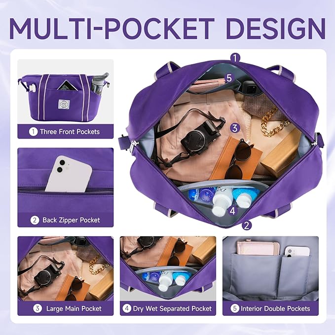 WALNEW Travel Duffel Bag, Weekender Overnight Carry On Bag for Women Men, Foldable Waterproof Gym Luggage Duffle Bag with Metal Buckle Detachable Shoulder Strap and Wet Compartment (Purple)