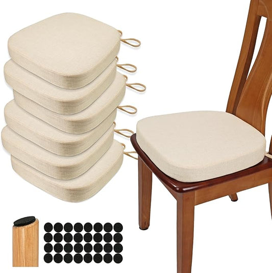 BUYUE Thickened 2.5" Dining Chair Cushions Set of 6, U-Shape High Density Foam Comfortable Chair Pads for Kitchen, Slip Resistant Indoor Seat Cushions (6 PCS, Beige)
