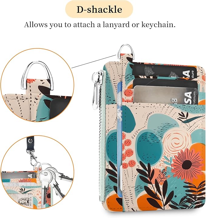 Hancynir Slim Wallet Women Credit Card Holder Abstract Flower Floral RFID Small Mini Card Case Front Pocket PU Leather Thin Travel Zipper Coin Cash ID Window Ladies Female Wallet Gifts