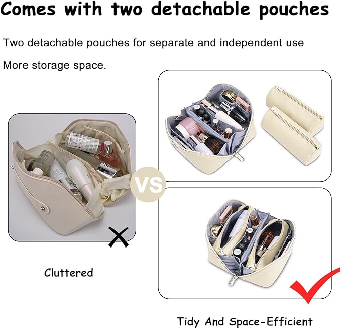 BOYATU Travel Makeup Bag Organizer Cosmetic Bag: 3 Pcs Set Make up Bags for Women with Handle - Waterproof Vegan Leather Toiletry Bags Travel Essentials Pouch with Compartments (C-04-White)