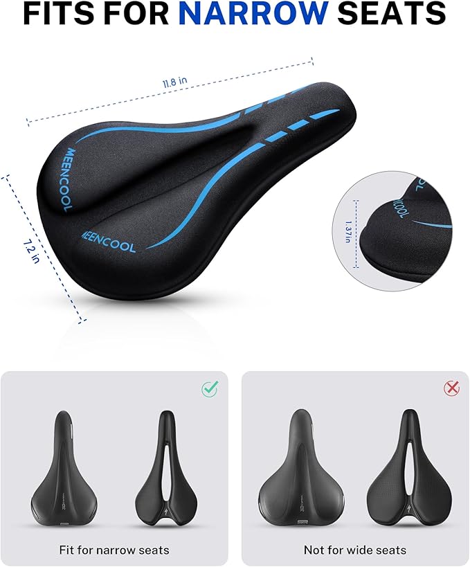 MEENCOOL Bike Seat Cushion - Gel Padded Bike Seat Cover for Men Women Comfort, Adjustable Velcro Secure Bicycle Seat Cushion Compatible with Peloton, Indoor & Outdoor Bicycle Seat(11"x7")