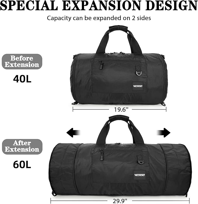 Wildroad Travel Bags for Men, Gym Bag & Duffle Bag for Travel, Carry on Bag Duffel Bag 3 IN 1 Expandable Overnight Weekender Bag (Black, Large-50L+ Gym Bag)
