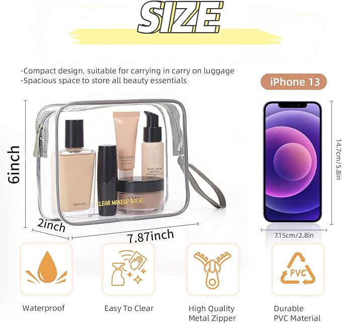 Clear Makeup Bag,2 Pack TSA Approved Toiletry Bag Travel Toiletry Bag Hanging Makeup Cosmetic bag for Women Men (Grey)