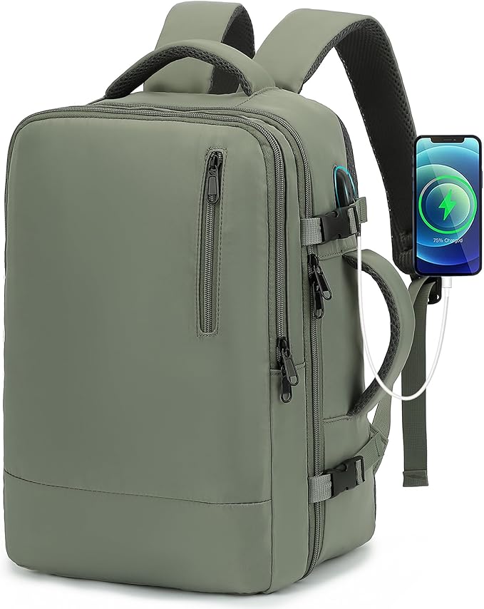 TANTOMI Travel Backpack for Women Men, 15.6 Inch Laptop Backpack Flight Approved, Small Carry-On Bags with USB Charging Port & Shoe Pouch, Casual Daypack on Airplane for Weekender Work Business, Green