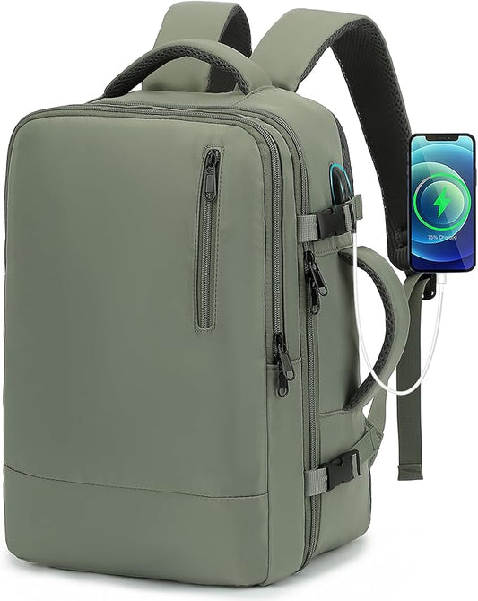 TANTOMI Travel Backpack for Women Men, 15.6 Inch Laptop Backpack Flight Approved, Small Carry-On Bags with USB Charging Port & Shoe Pouch, Casual Daypack on Airplane for Weekender Work Business, Green