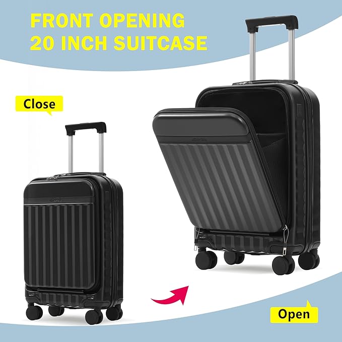 Merax Luggage Sets 2 Piece Front Opening, Hardside Lightweight Carry on Suitcase with USB Port,Durable Expandable Luggage with Bags Spinner Wheels and TSA Lock,Black