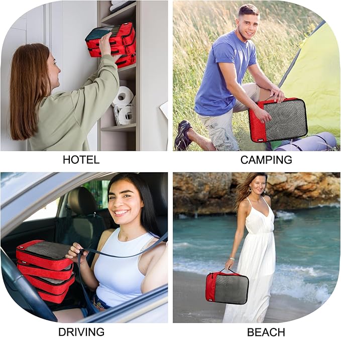 Packing Cubes for Travel Essentials,4 Set Packing Cubes for Suitcases,Lightweight Mesh Luggage Organizer Bag,Red