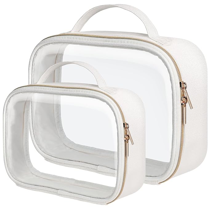 PACKISM Glitter Texture TSA Approved Toiletry Bag Set, Style Clear Makeup Bag with Handle, 1 TSA Medium & 1 Large for Travel, Gift for Women, White