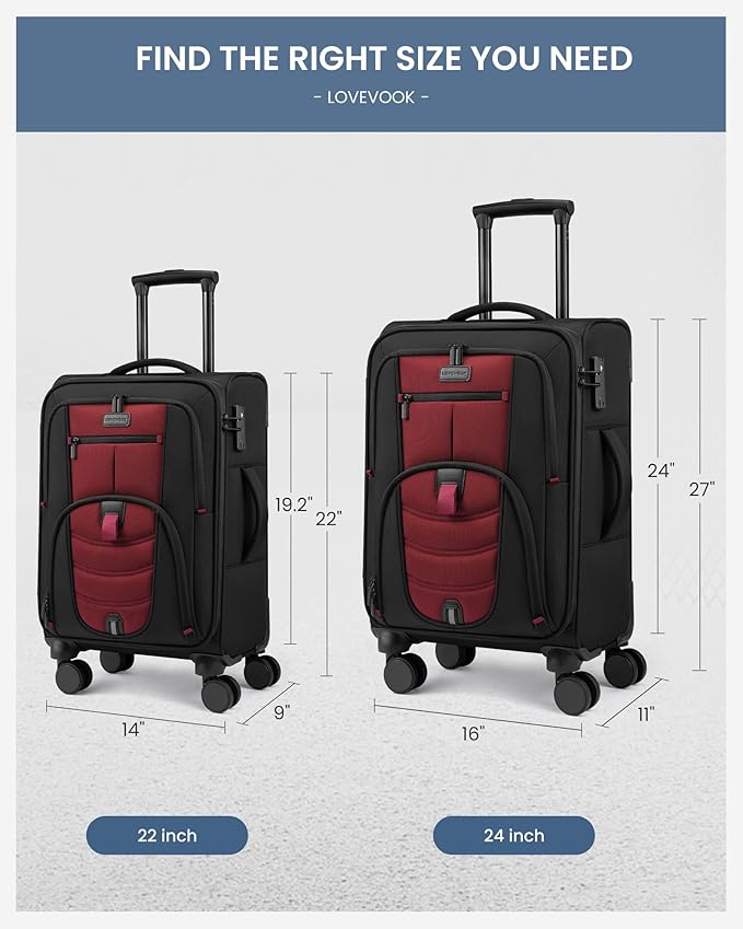 LOVEVOOK Business Softside Checked Luggage with 15.6/17.3 Inch Laptop Compartment, 24 Inch Checked Suitcase with Spinner Wheels, Large Capacity Luggage with TSA Lock for Business Trip Travel Red&Black